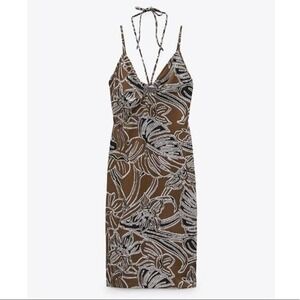 ZARA | Jacquard Brown Midi Dress Size S Floral Strappy V-Neck Sleeveless Y2K NWT